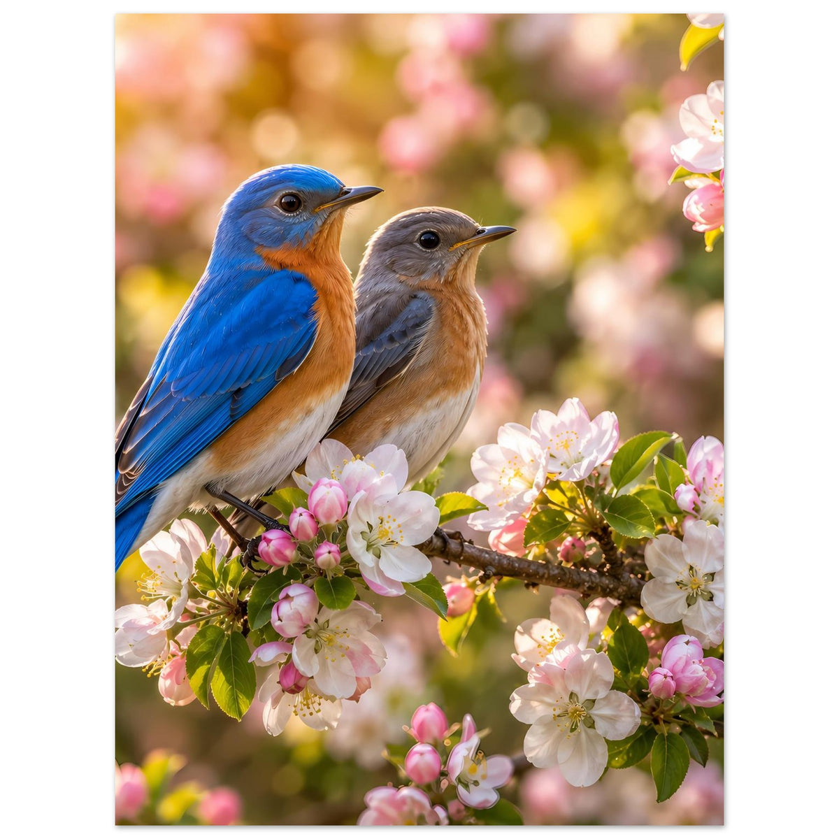 Poster mit zwei blauen Vögeln auf blühenden Zweigen in rosa und weißem Blütenmeer