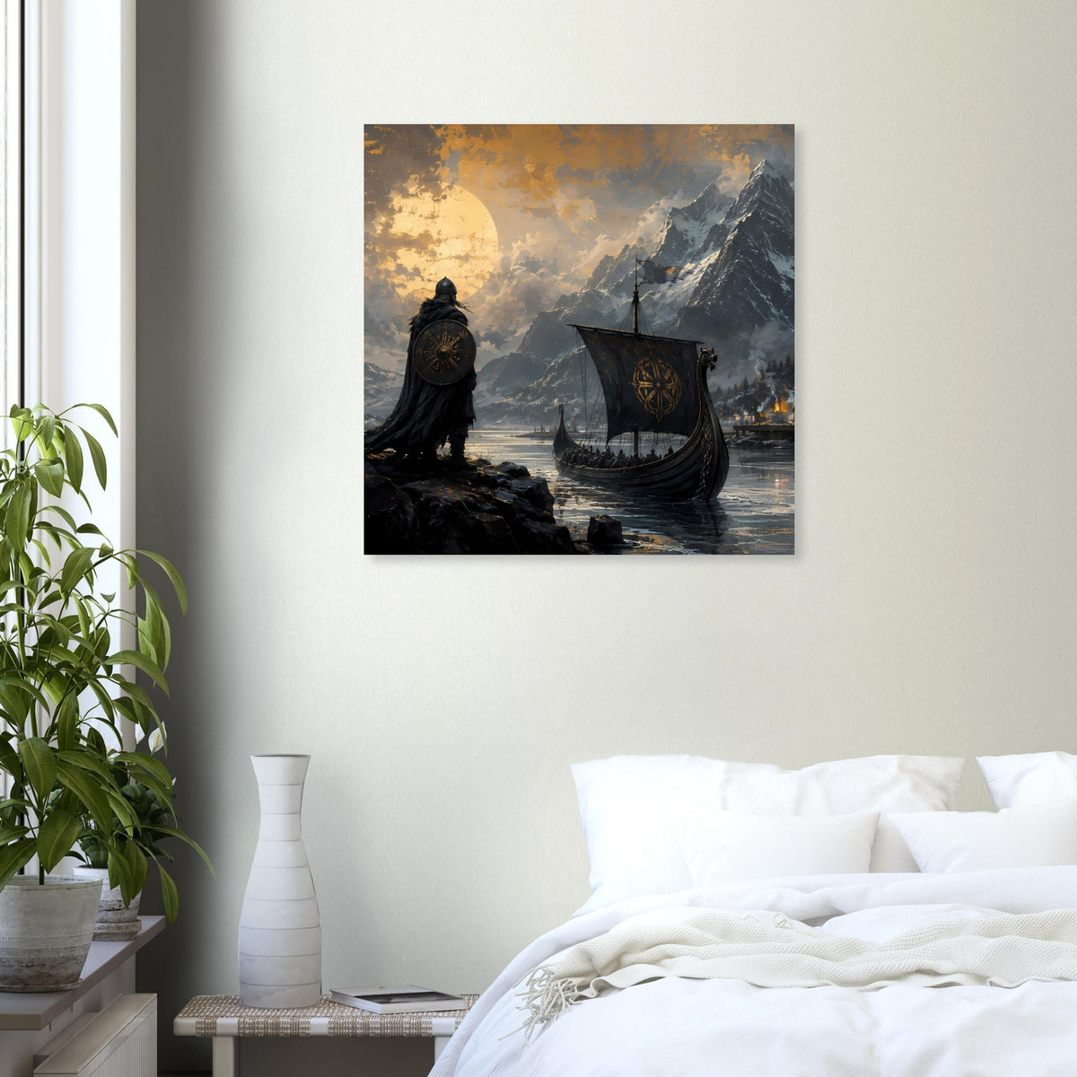 Wikingerkrieger-Poster: Drachenboot auf dem Fjord vor Bergen und leuchtender Sonne