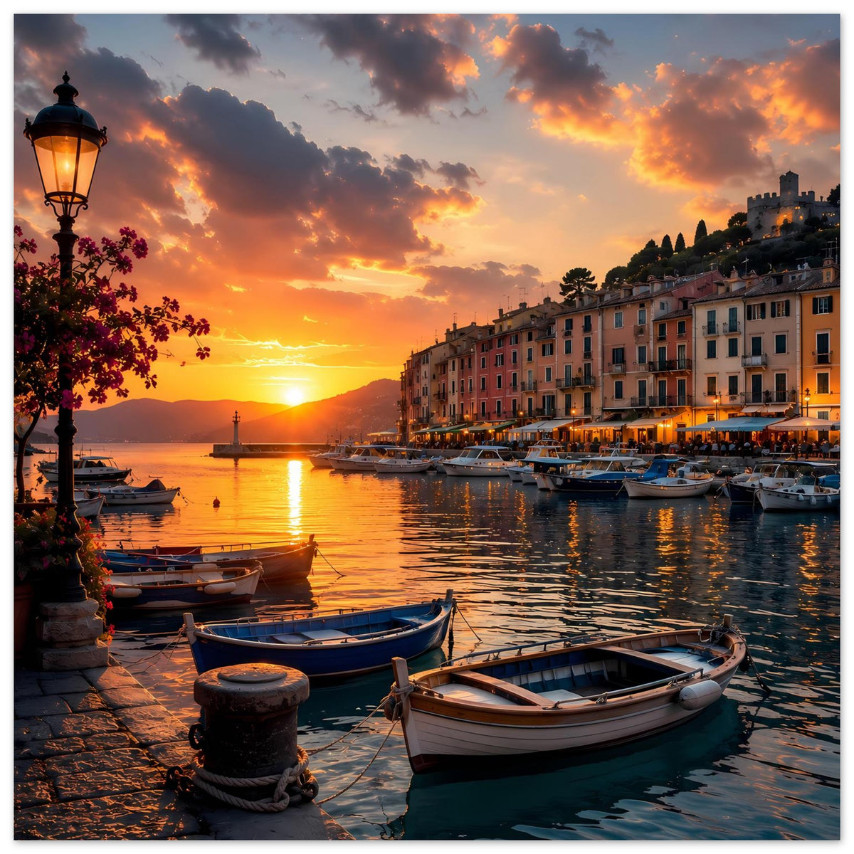 Poster mit Hafen-Sonnenuntergang, vordergründigen Booten und Laterne links