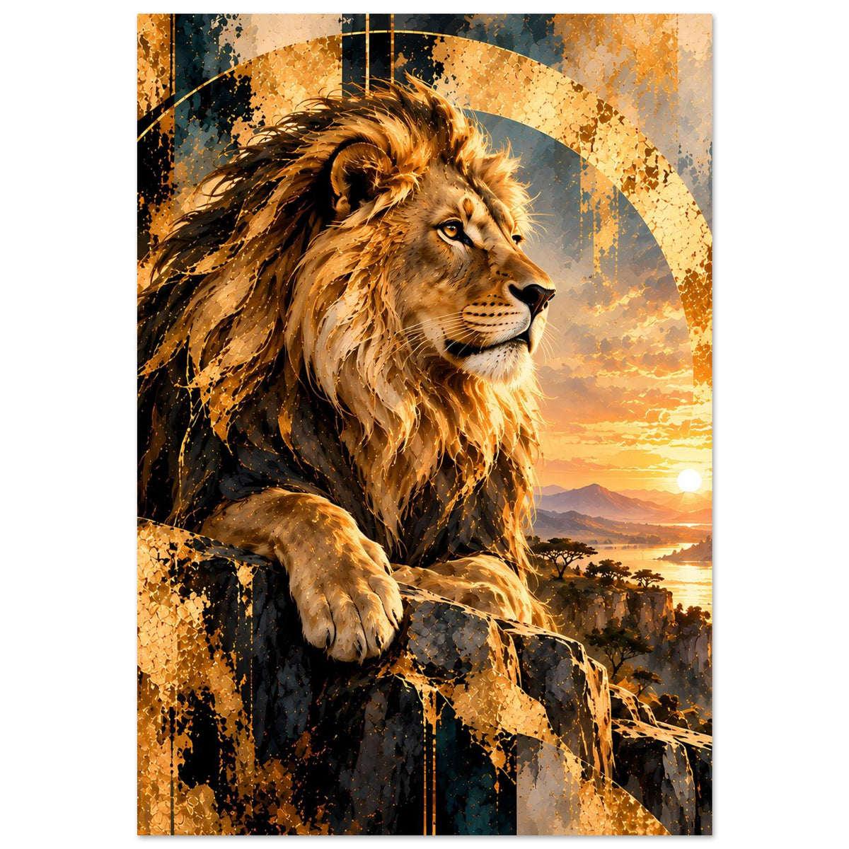 Poster (Hochformat) mit Löwe in Goldtönen auf Felsen und Sonne im Sonnenuntergang.