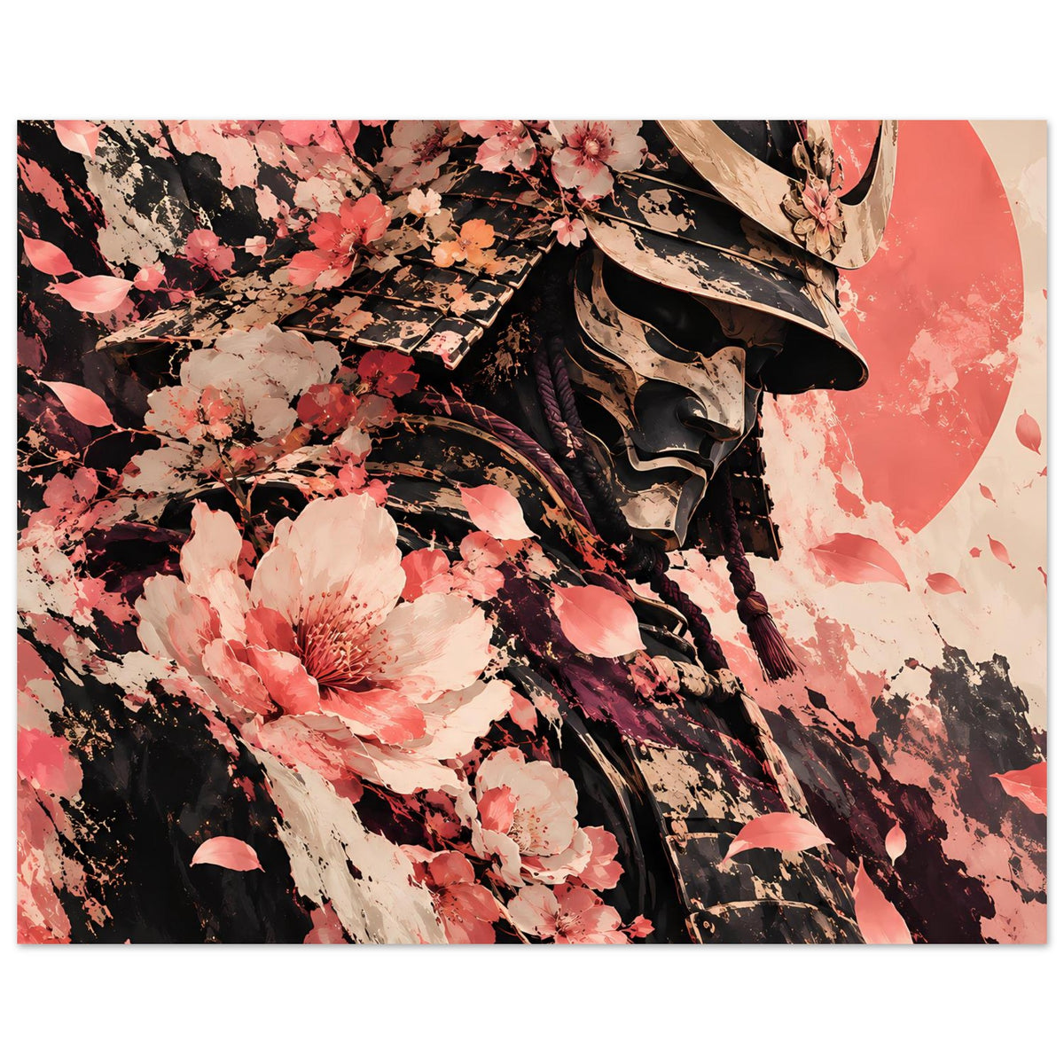 Poster mit Samurai-Schulterpanzer und Kirschblüten, kontrastreiches Schwarz-Rosa