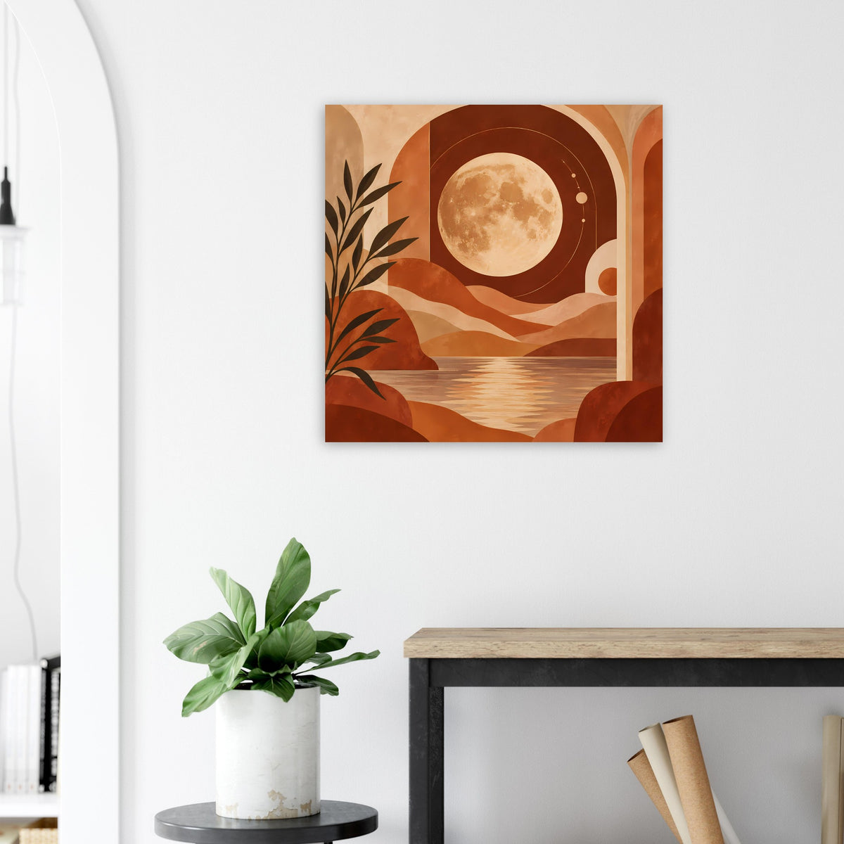 Quadratisches Boho-Poster mit Vollmond und Wüstenlandschaft in Terrakotta-Braun