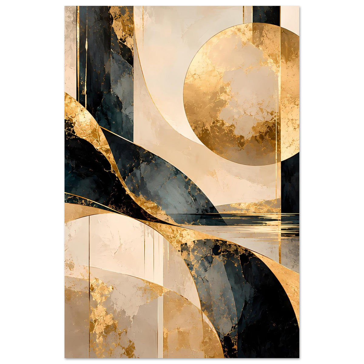 Abstraktes Poster im Hochformat mit Gold- und Schwarzdetails, Kreisform und diagonalen Bögen