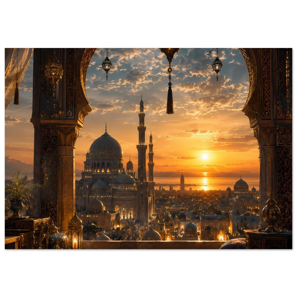 Poster mit Sonnenuntergang und Moschee, eingerahmt von dekorativen Säulenbogen.
