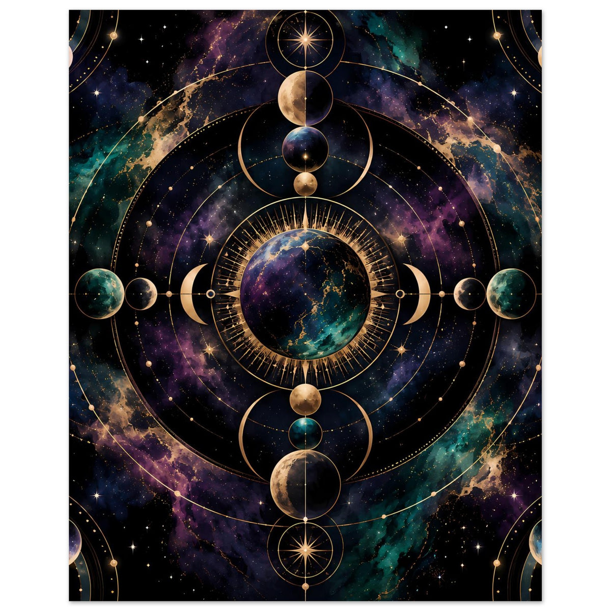 Poster mit großem Mondkreis-Motiv: Planetenscheibe im Zentrum, goldene Ringe und Punkte