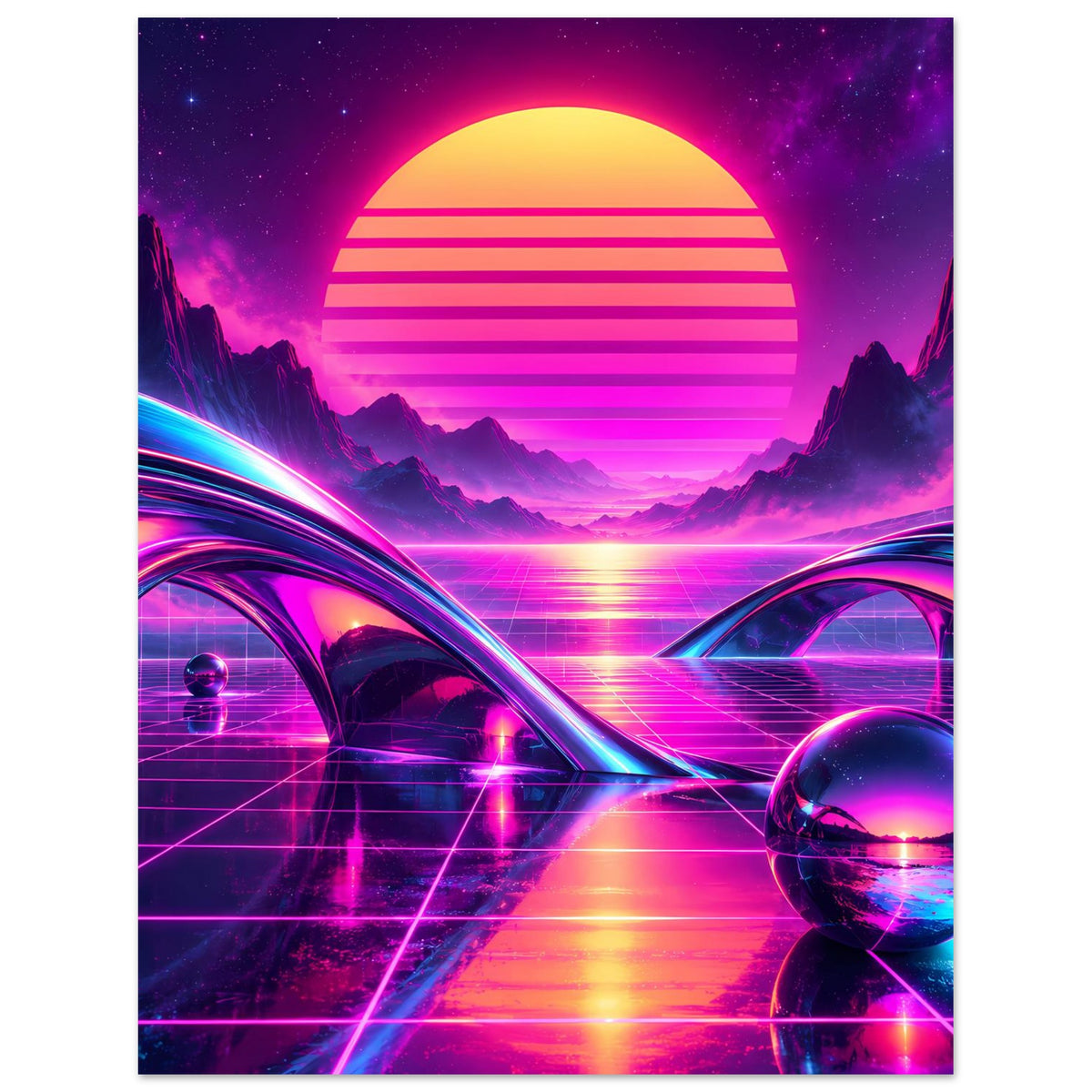 Retro-Science-Fiction-Poster: große gelbe Sonne, neonfarbene Berge, Gitternetzperspektive