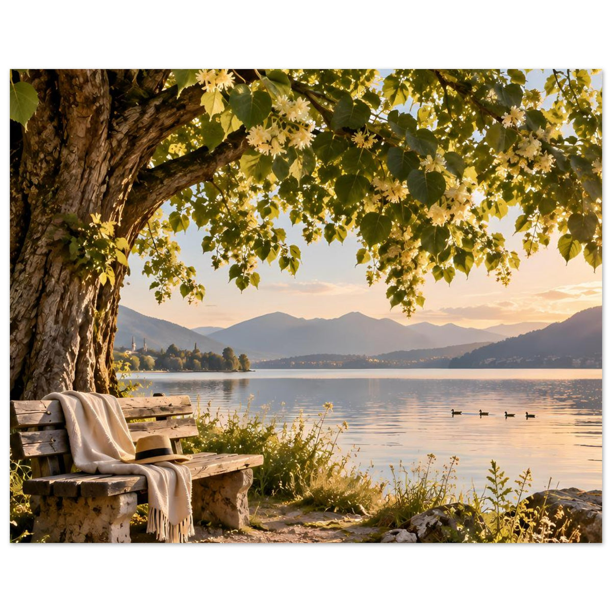 Poster im Querformat: Baumkrone über See, Bänke am Uferweg und entfernte Berge