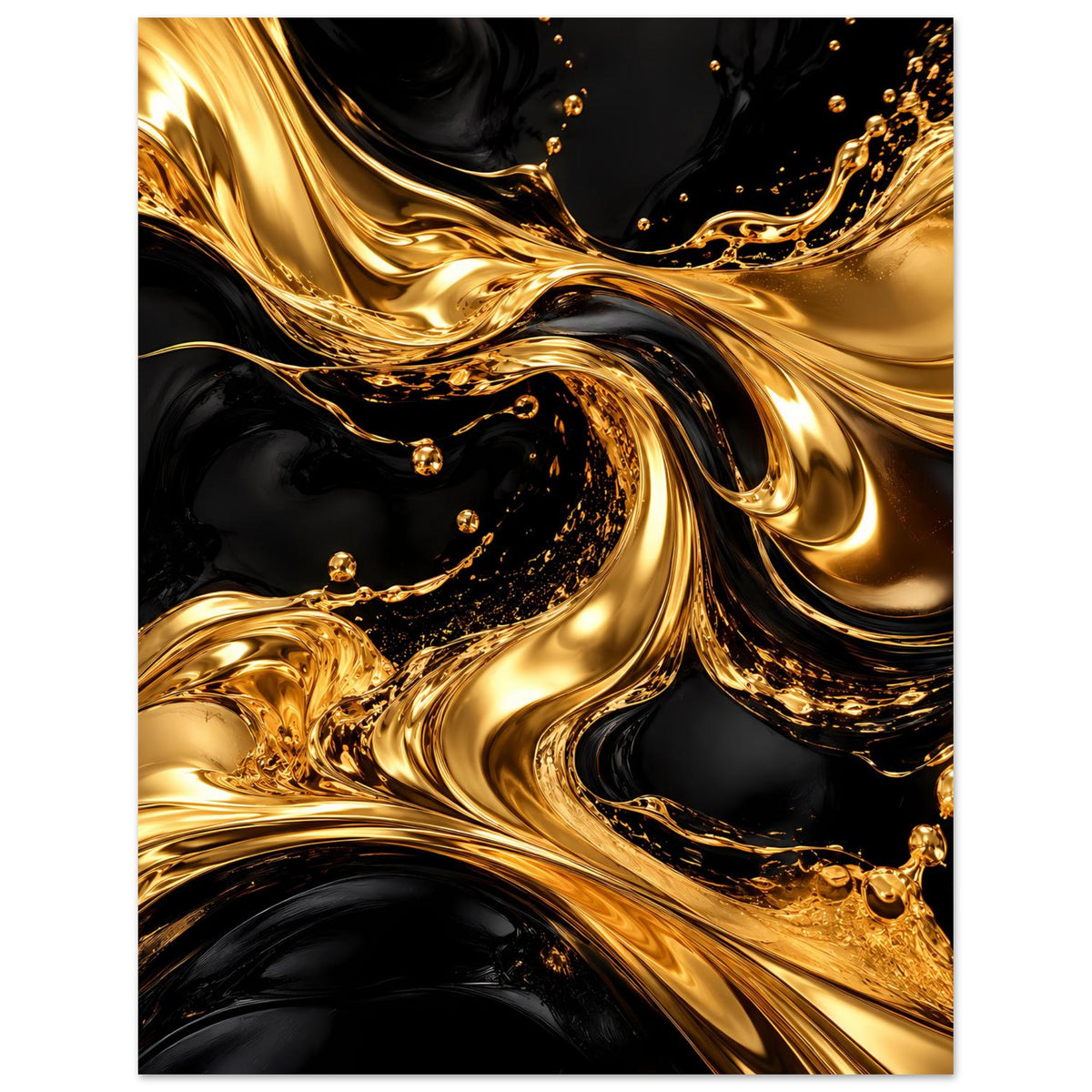 Abstraktes Poster mit goldenen Strömen und glänzenden Tropfen auf dunklem Schwarz, seitlich