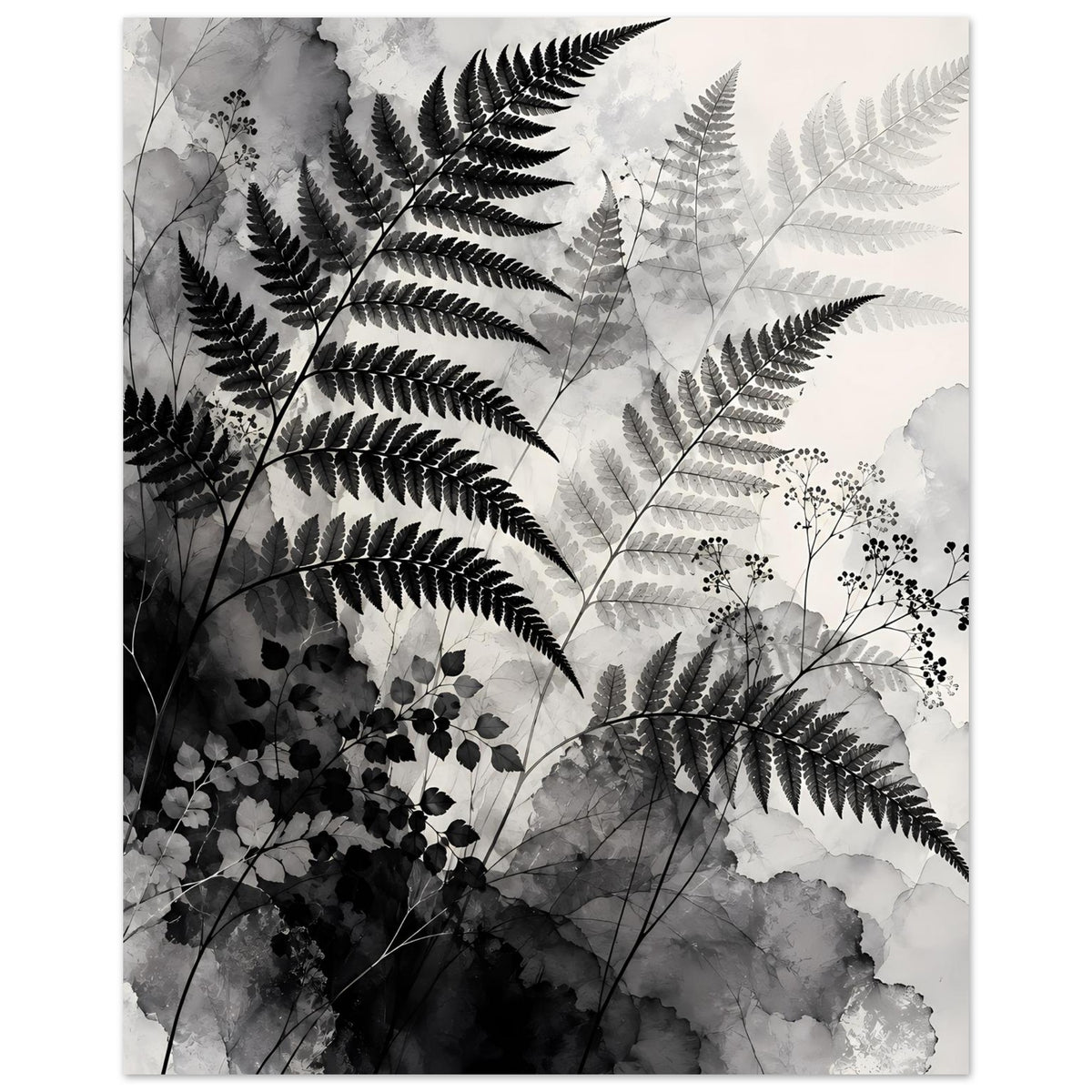 Poster im Hochformat mit Farnblättern, Strukturen und Blüten in Schwarz-Weiß