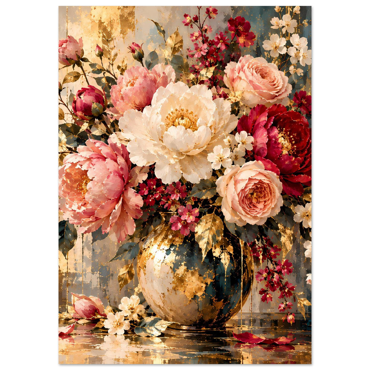 Blumenposter im Hochformat mit Pfingstrosen in Vase, roten und weißen Blüten im Mix