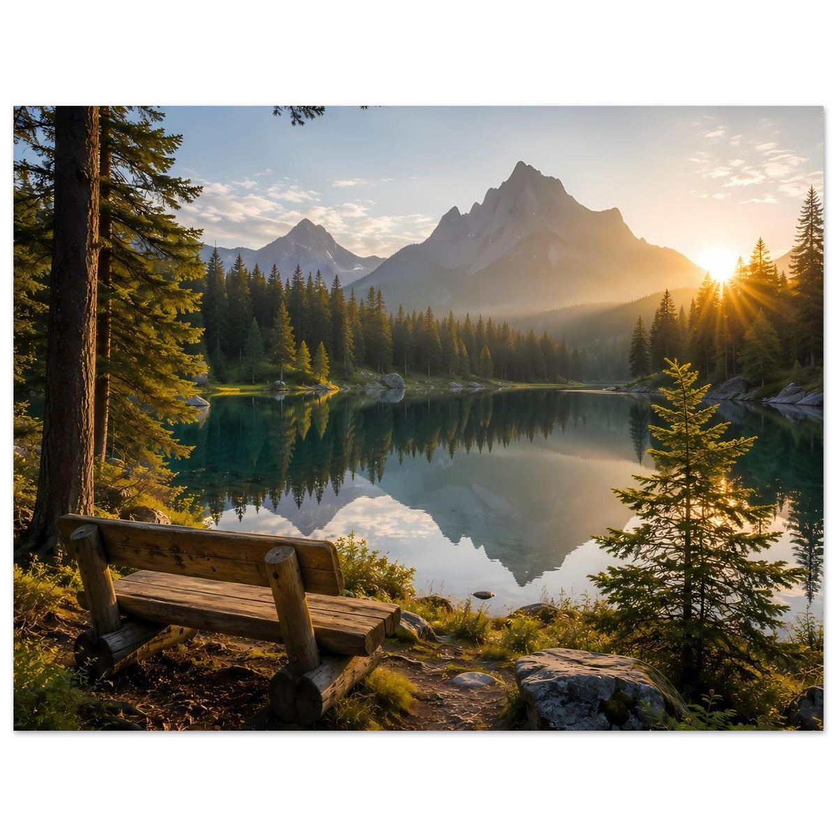 Poster mit Bergsee, Nadelwald und Sonnenaufgang; Holzbank im Vordergrund