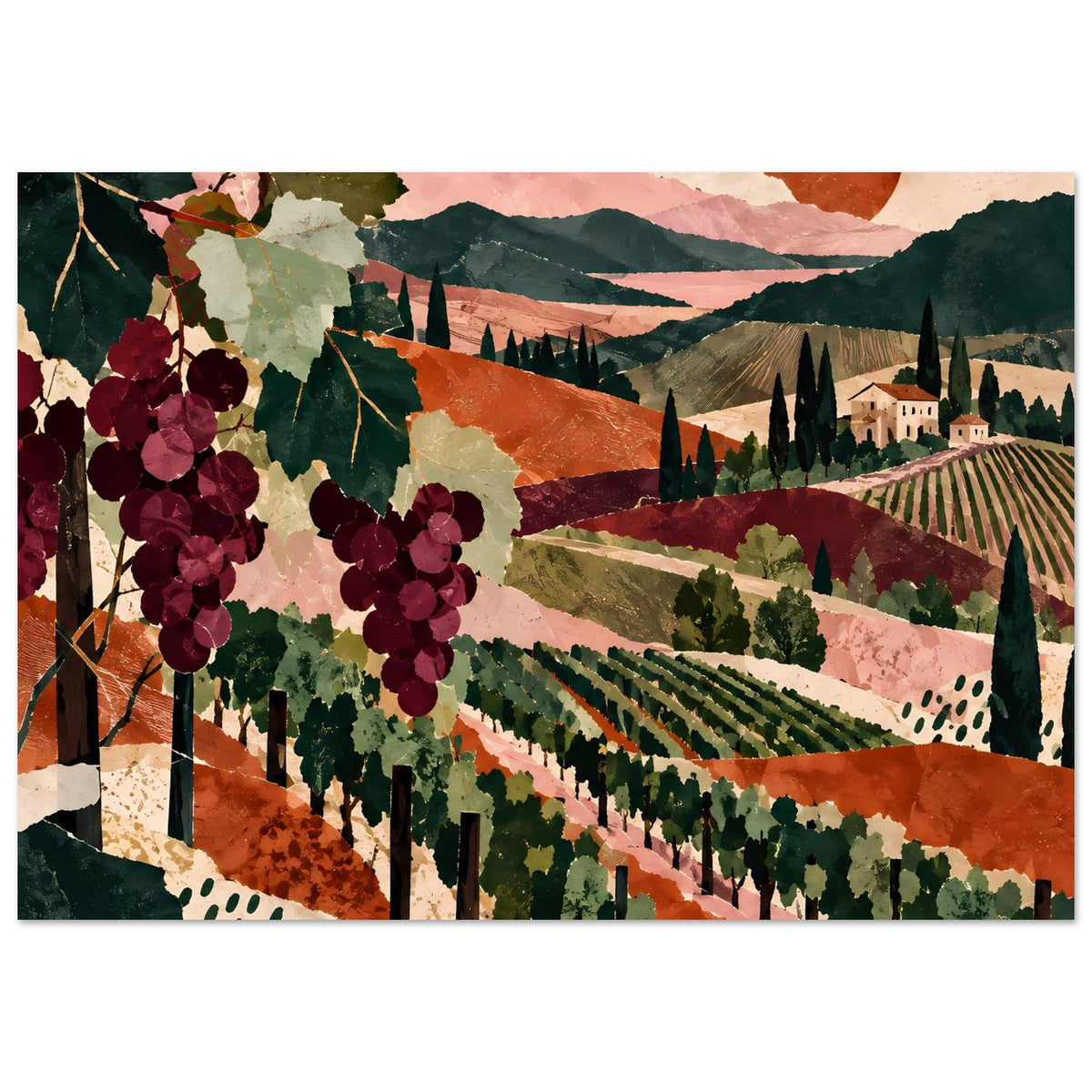Weinreben-Landschaftsposter mit Traubenranken, Weinbergen und Haus im bunten Abendhimmel