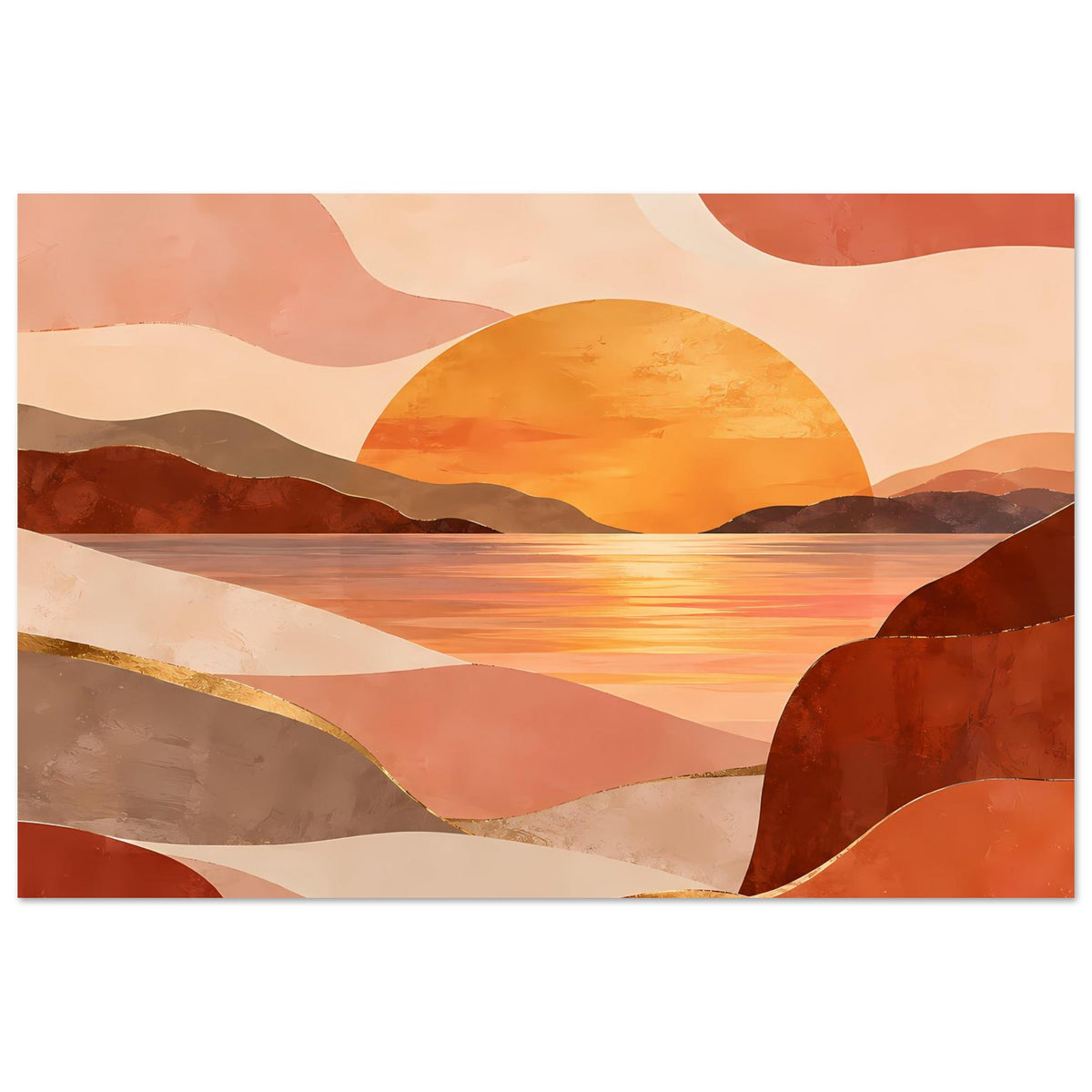 Landschafts-Poster im Querformat mit großen Formen: Sonne, Horizontlinie, Wasser und warme Ocker-Nuancen