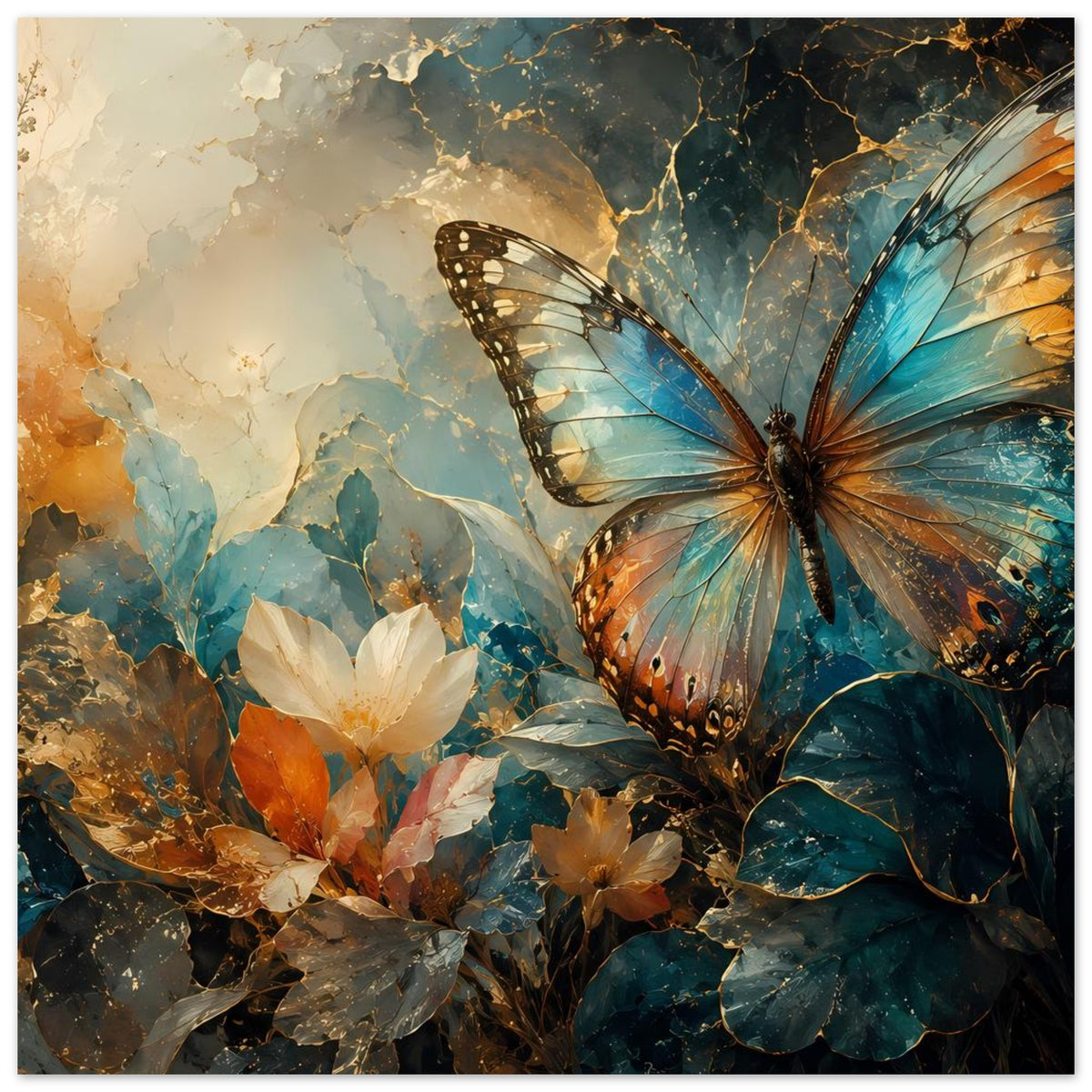 Poster mit Schmetterling in Blau und Gold, Blüten und Blätter mit Marmoreffekt