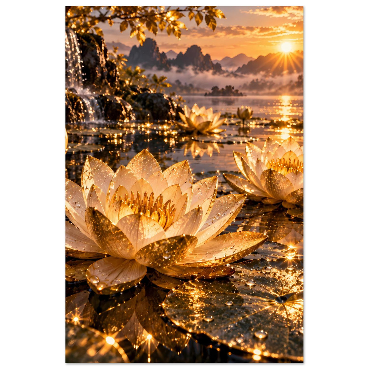 Vertikales Lotus-Blumenposter mit goldenen Blüten, Glitzereffekten im Wasser und Sonne