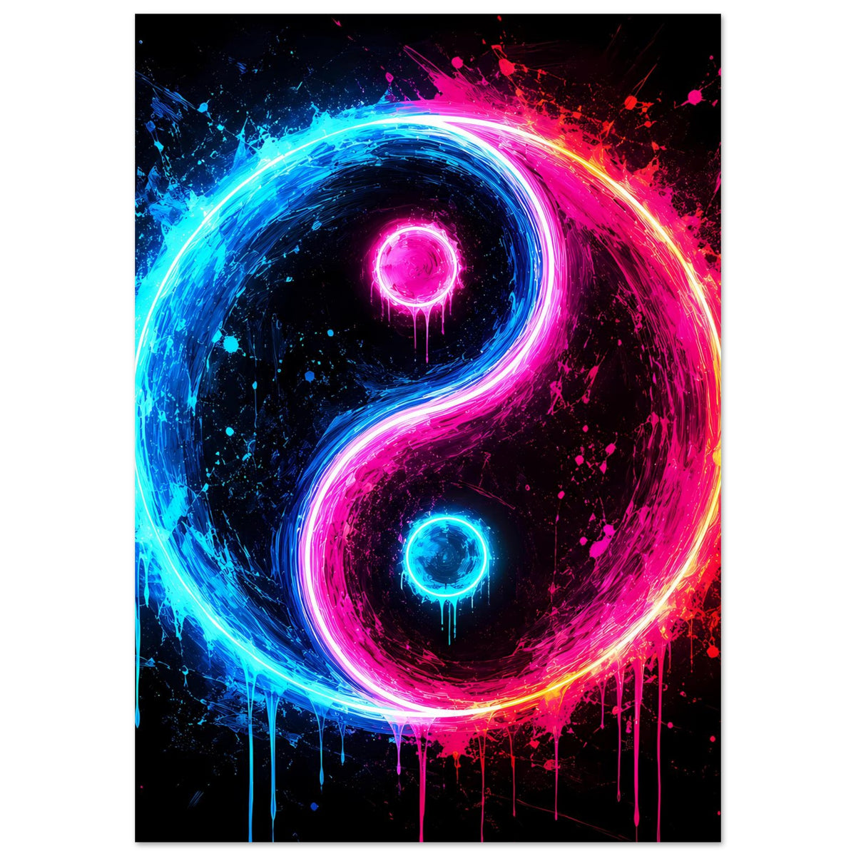 Hochkant-Poster mit leuchtendem Yin-Yang in Neonblau und Pink, mit Farbspritzern