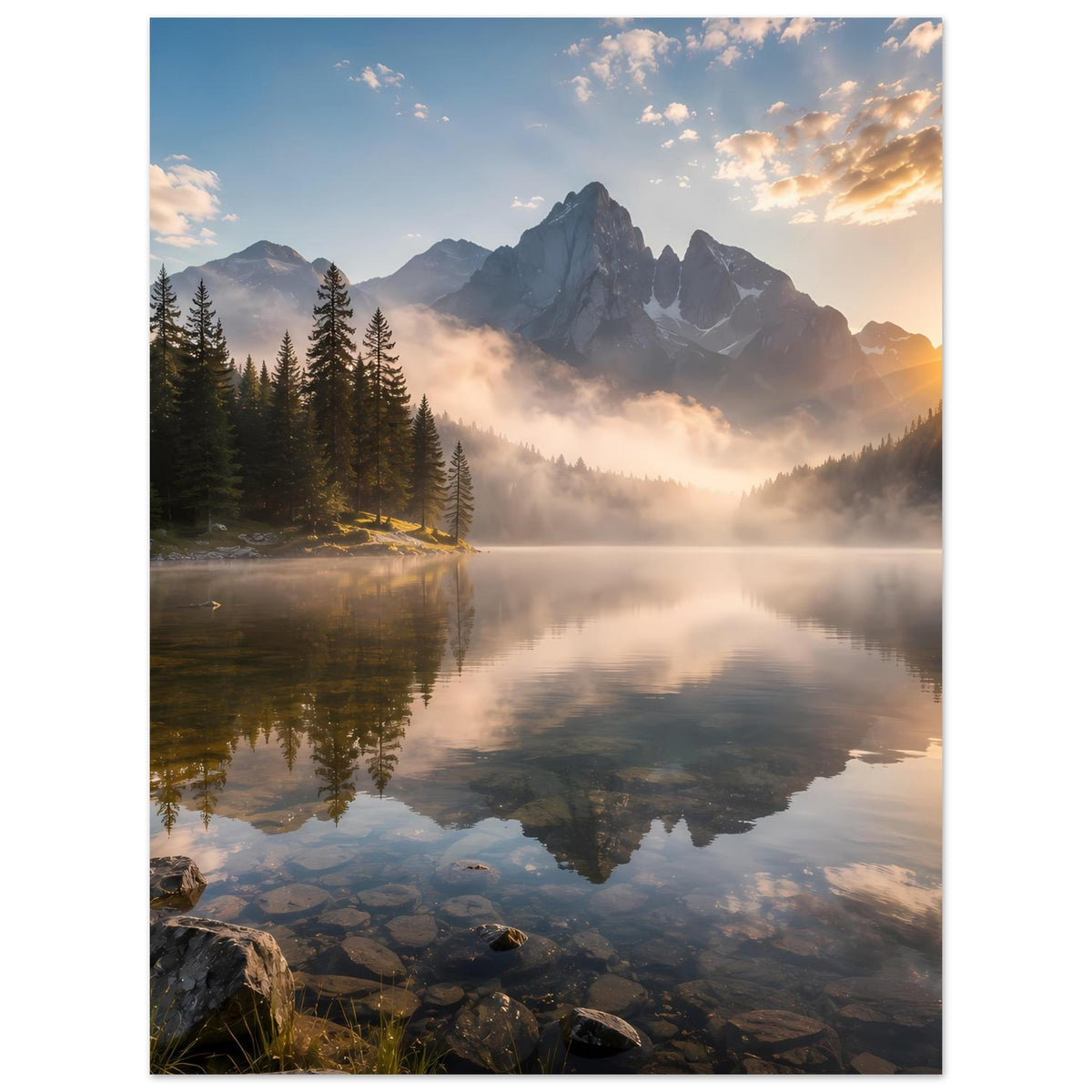 Vertikales Poster mit Bergpanorama, Tannenwald und Spiegelung im See bei Sonnenaufgang