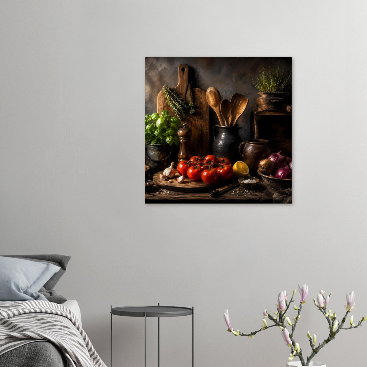 Kleines Querformat-Poster an der Wand mit Küchenstillleben: Tomaten, Löffel, Zitrone und Zwiebeln