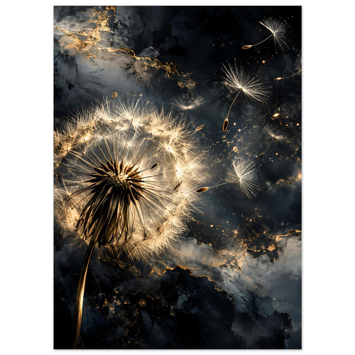 Premium-Mattposter: Pusteblume mit goldenen Lichtern, im dunklen Farbverlauf und Marmoreffekt