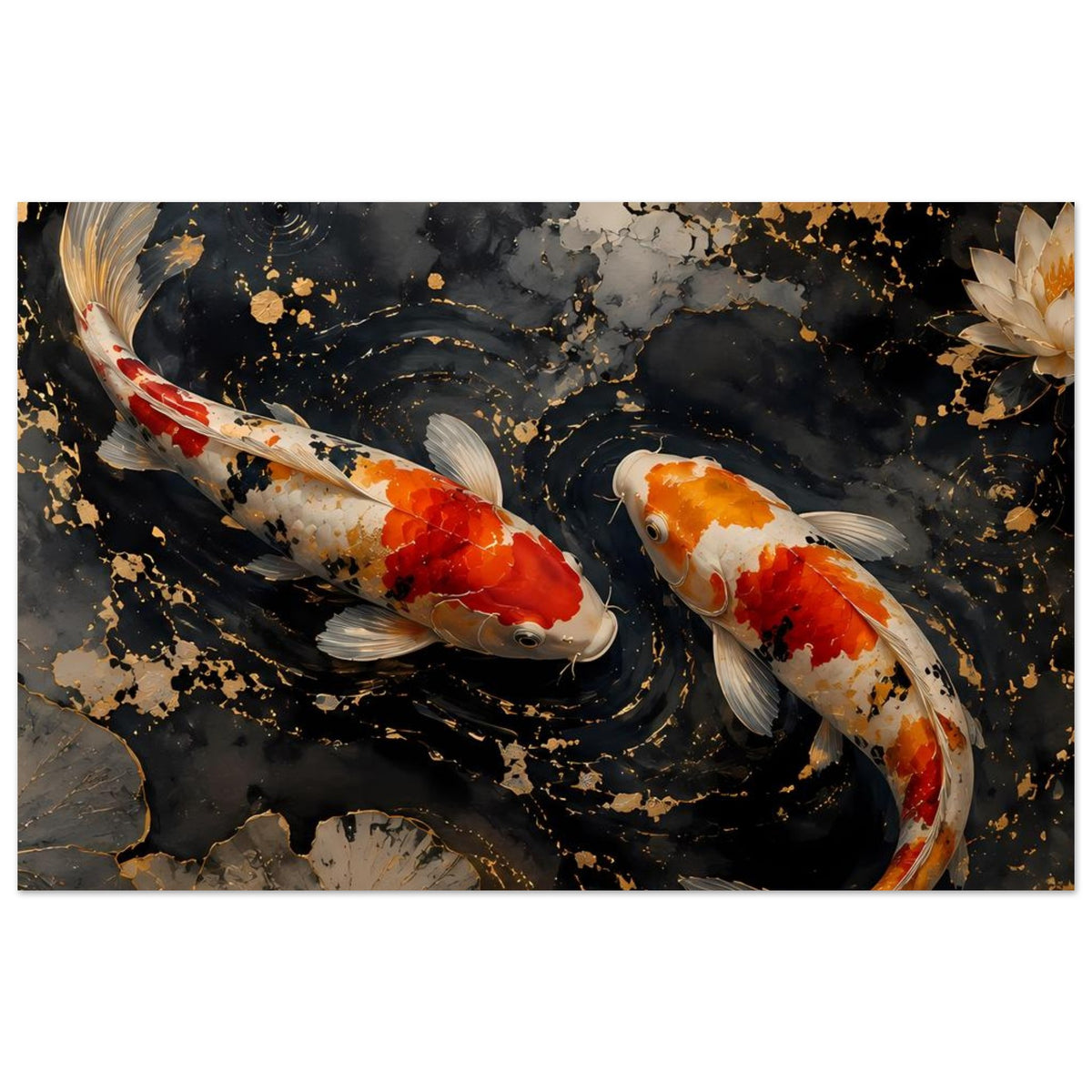 Poster mit zwei Koi-Karpfen im dunklen Wasser, goldene Spritzer und Seerosen