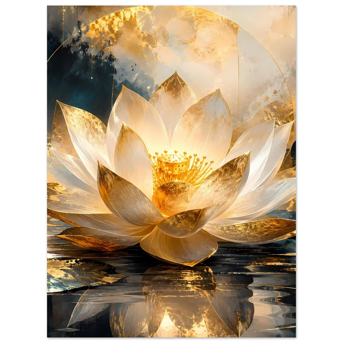 Kunstposter: goldene Lotusblüte mit weißen Blütenblättern und spiegelndem Wasser darunter