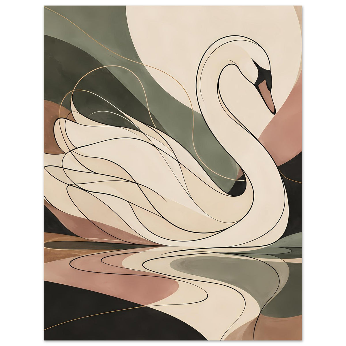 Poster mit Schwan in Cream/Weiß, schwarzen Details und grünen Akzenten
