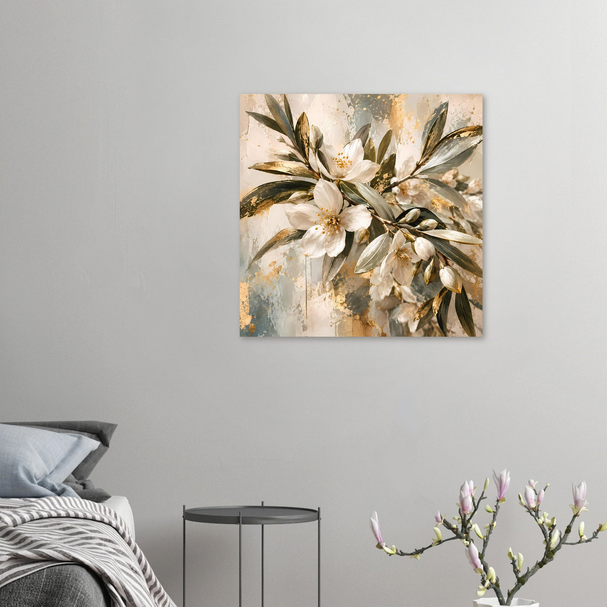 Kleines Blumenposter mit weißen Blüten, grünen Blättern und goldenen Sprenkeln
