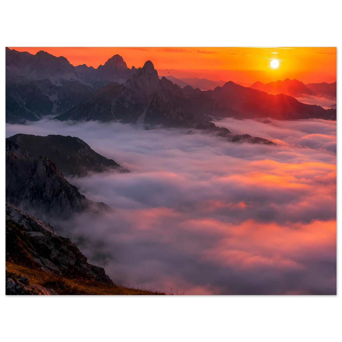 Poster im Querformat: Berglandschaft bei Sonnenuntergang, Nebel zwischen Felsen und Gipfeln.