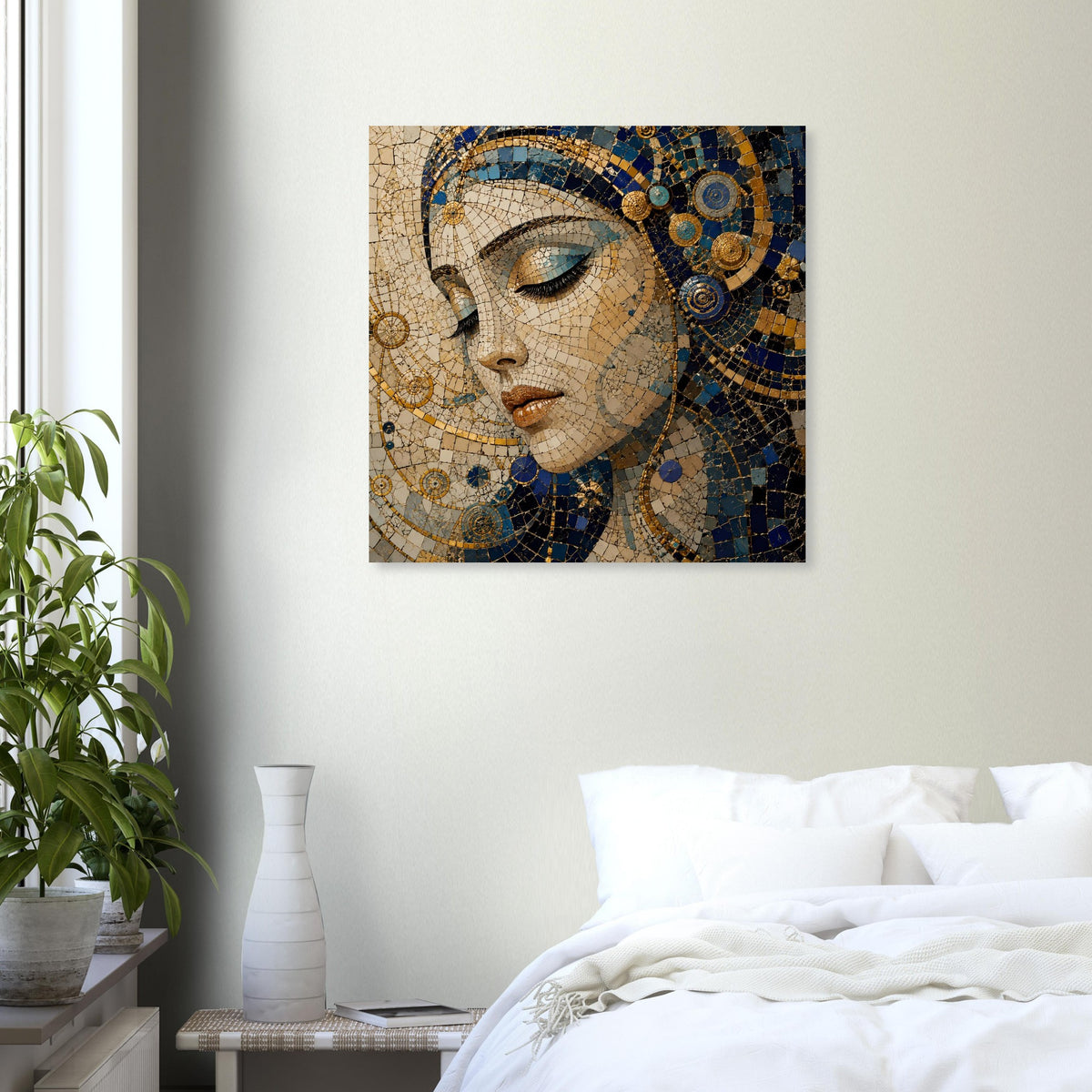 Kleines Mosaik-Porträtposter einer Frau: blau-goldene Fliesen, Augen im Seitenblick