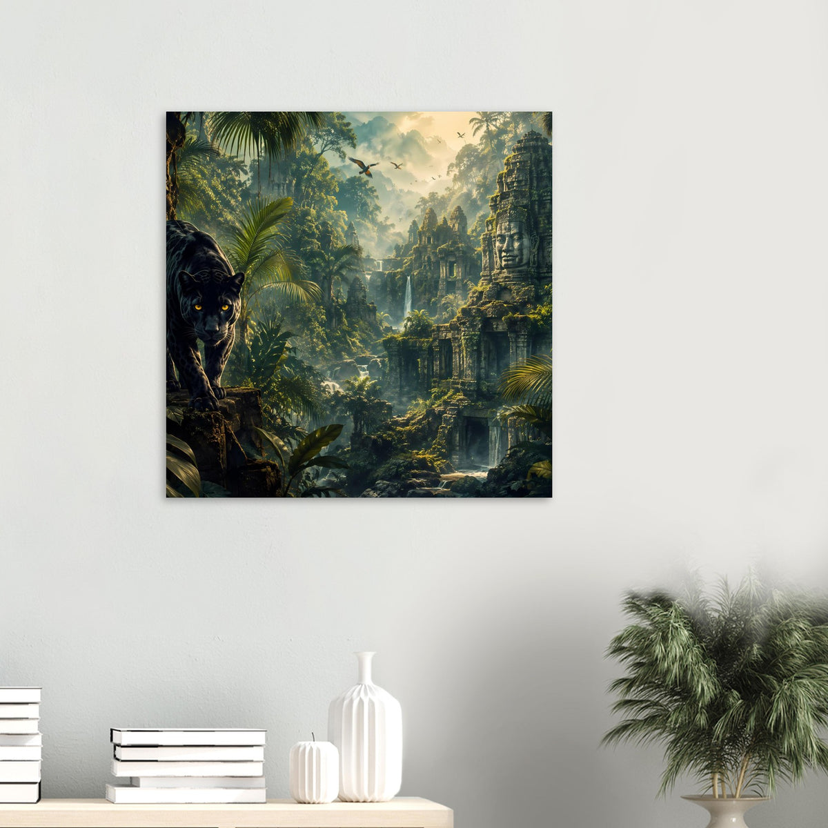 Poster mit Dschungelruinen und schwarzem Panther in tropischer Landschaft