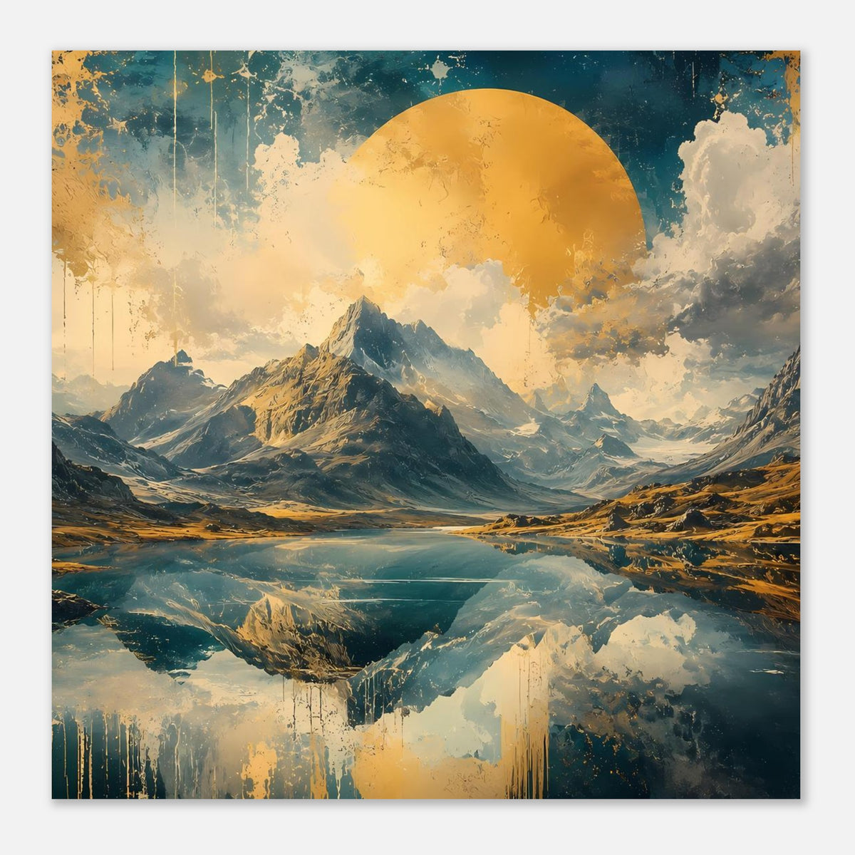 Wandposter im Rahmen mit Berglandschaft, goldener Halbsonne und spiegelnder Tiefe