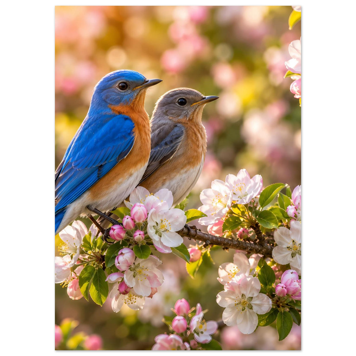 Vogelposter im Hochformat mit zwei Vögeln auf blühendem Ast und rosafarbenen Blüten