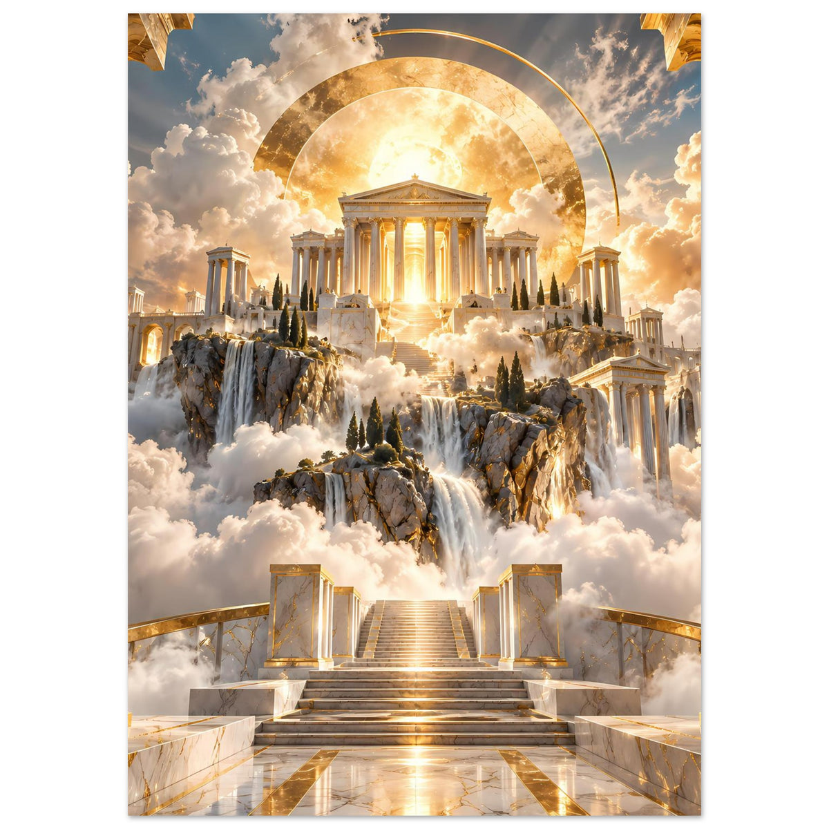 Poster mit Tempel und goldenem Lichtbogen, Wasserfälle zwischen Wolken und Marmortreppe