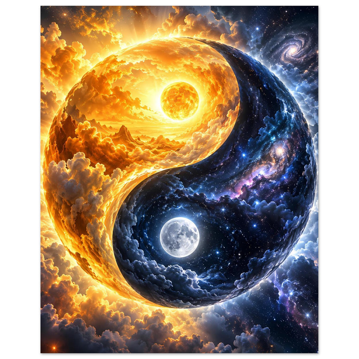 Kosmos-Yin-Yang-Poster hochformatig: Sonnenhälfte links, Mondhälfte unten, Sternenwolken