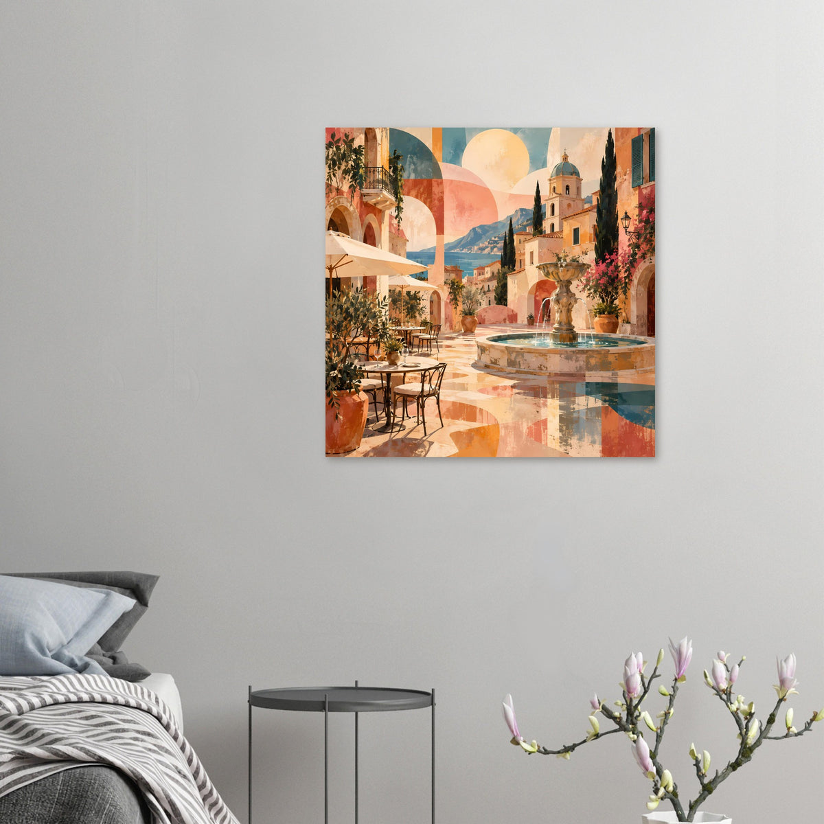 Horizontales Poster mit mediterraner Terrasse, Brunnen und Häusern in warmen Pastellfarben