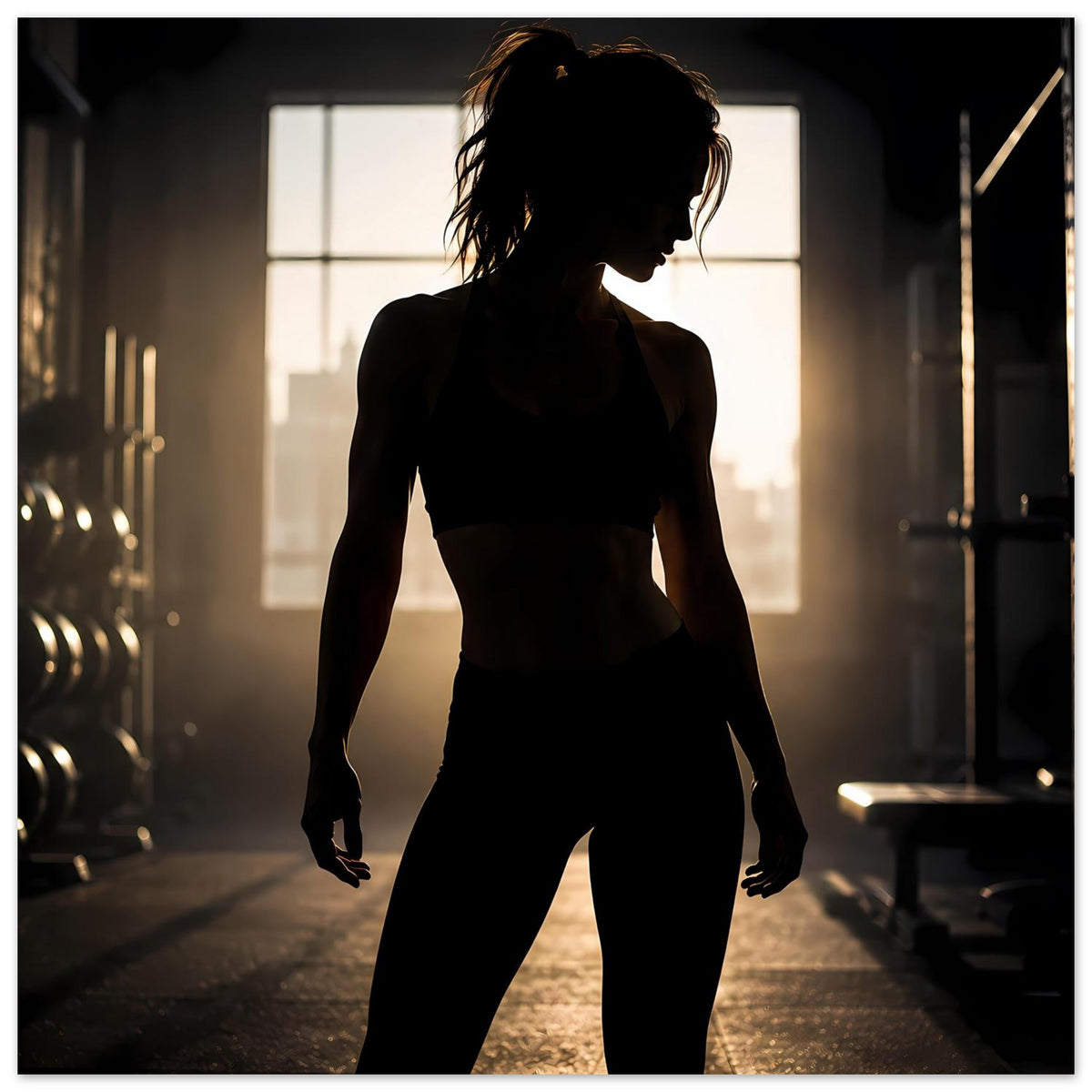 Fitness-Poster mit Silhouette einer Sportlerin im dunklen Sportoutfit, Blick nach vorn