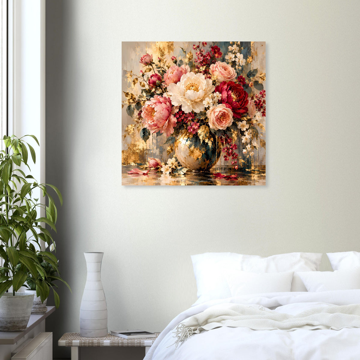 Blumenposter mit großem Rosenstrauß in Vase, Pastellrosa, Creme und dunklem Hintergrund.
