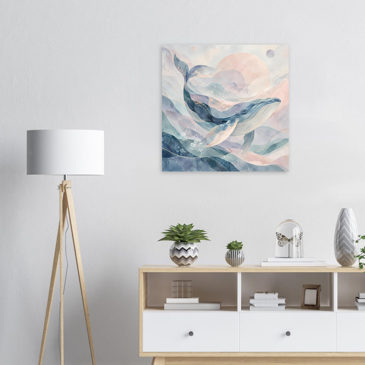 Quadratisches Kunstposter: abstrakter Wal in Blau- und Pastelltönen mit rosa Akzenten