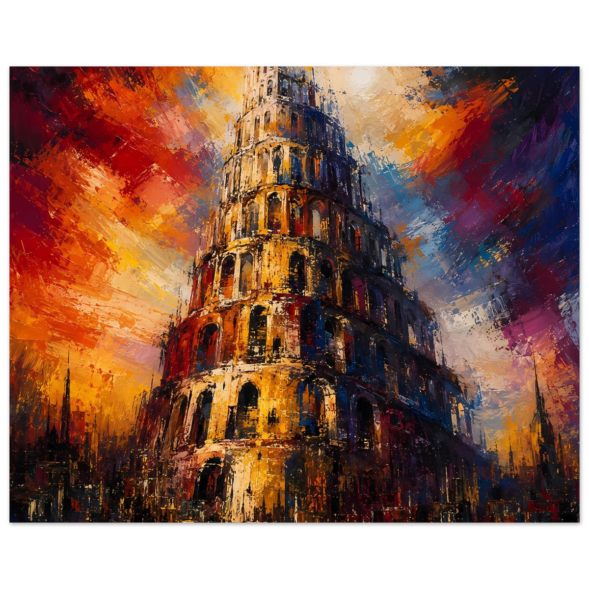 Poster in Querformat mit Turm von Babel, gemischte Blau- und Orangetöne