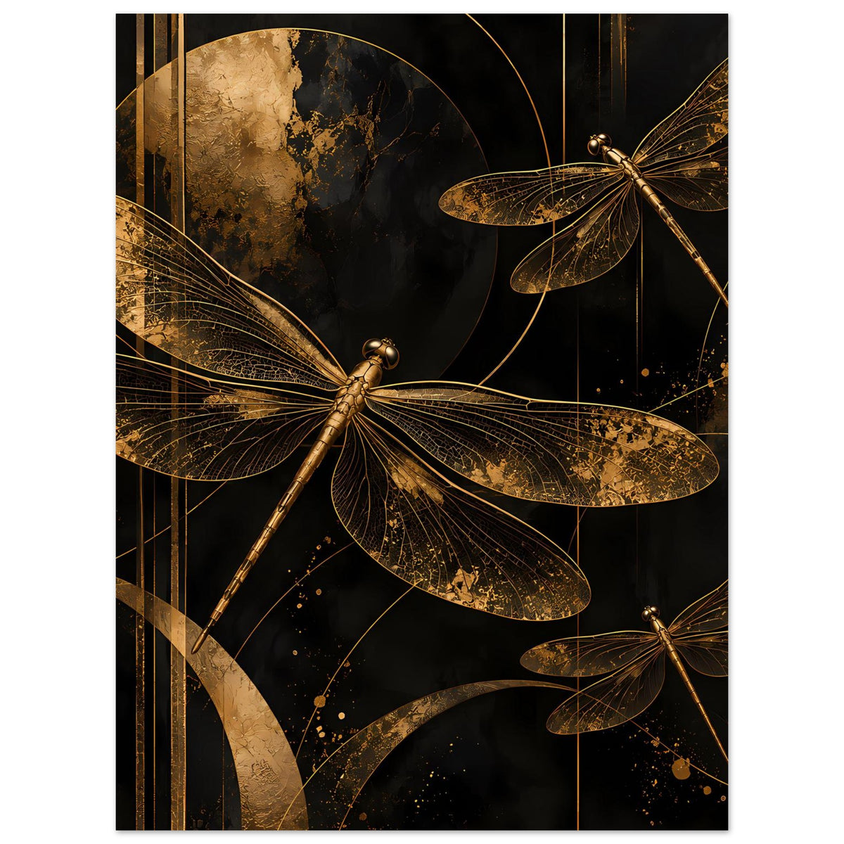 Wandposter mit goldener Libelle im Fokus, weitere Libellen im Hintergrund, gerahmt