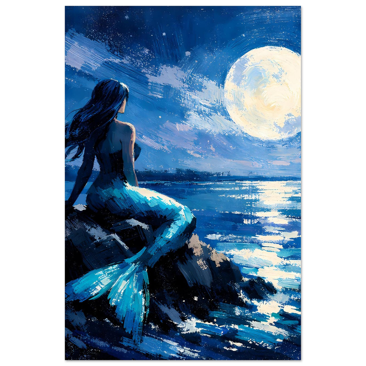 Premium-Mattposter: Meerjungfrau in Blau, Schuppenschwanz, Mond über Wasser (Hochformat)