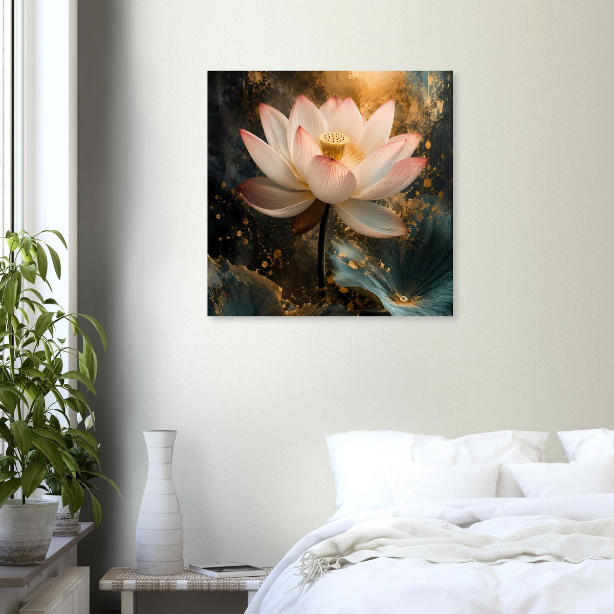 Quadratisches Wandposter mit weißer Lotusblüte, goldakzentuiertem Zentrum