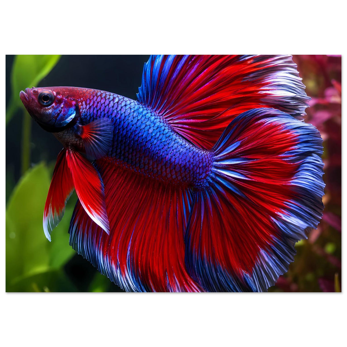 Querformat-Poster mit Betta-Fisch: blauer Körper, roter und blauer Schwanzfächer, frontal betont.