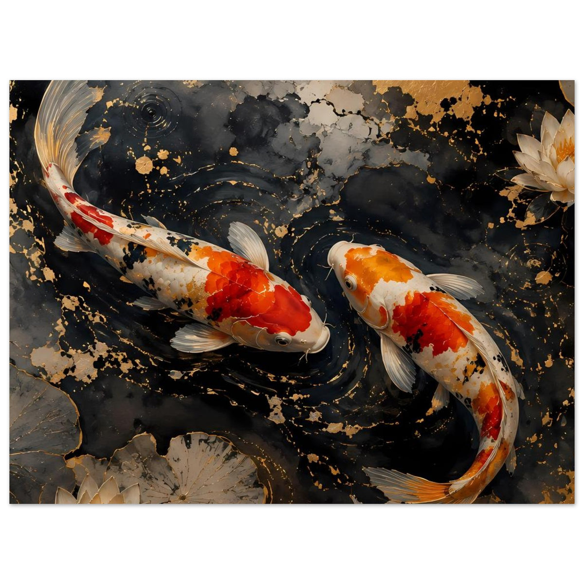 Wandposter: zwei Koi-Karpfen im schwarzen Wasser mit goldenen Sprenkeln und Seerosenblättern