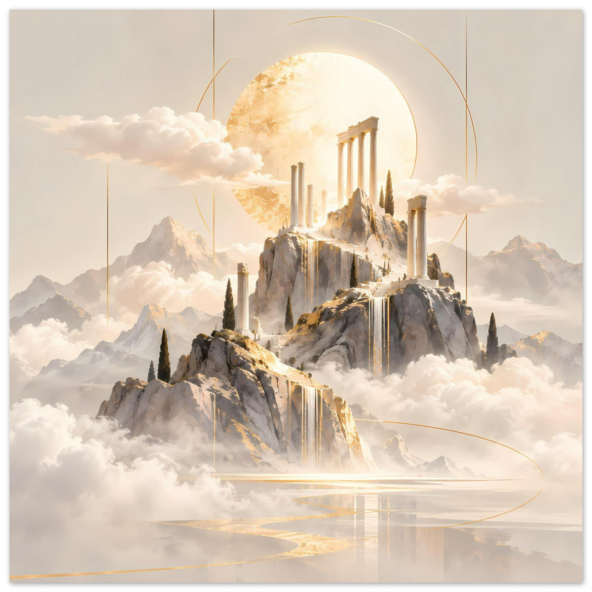 Hochformat-Poster mit Tempelruinen im Sonnenbogen, felsige Landschaft und goldene Linien