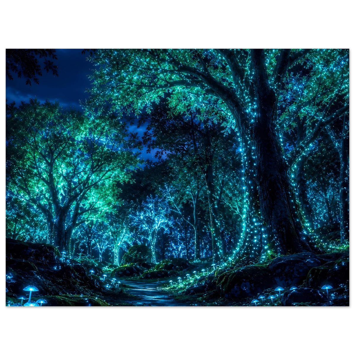 Wandposter mit leuchtendem Waldweg, großem Baumbogen und blau-grüner Lichtstimmung
