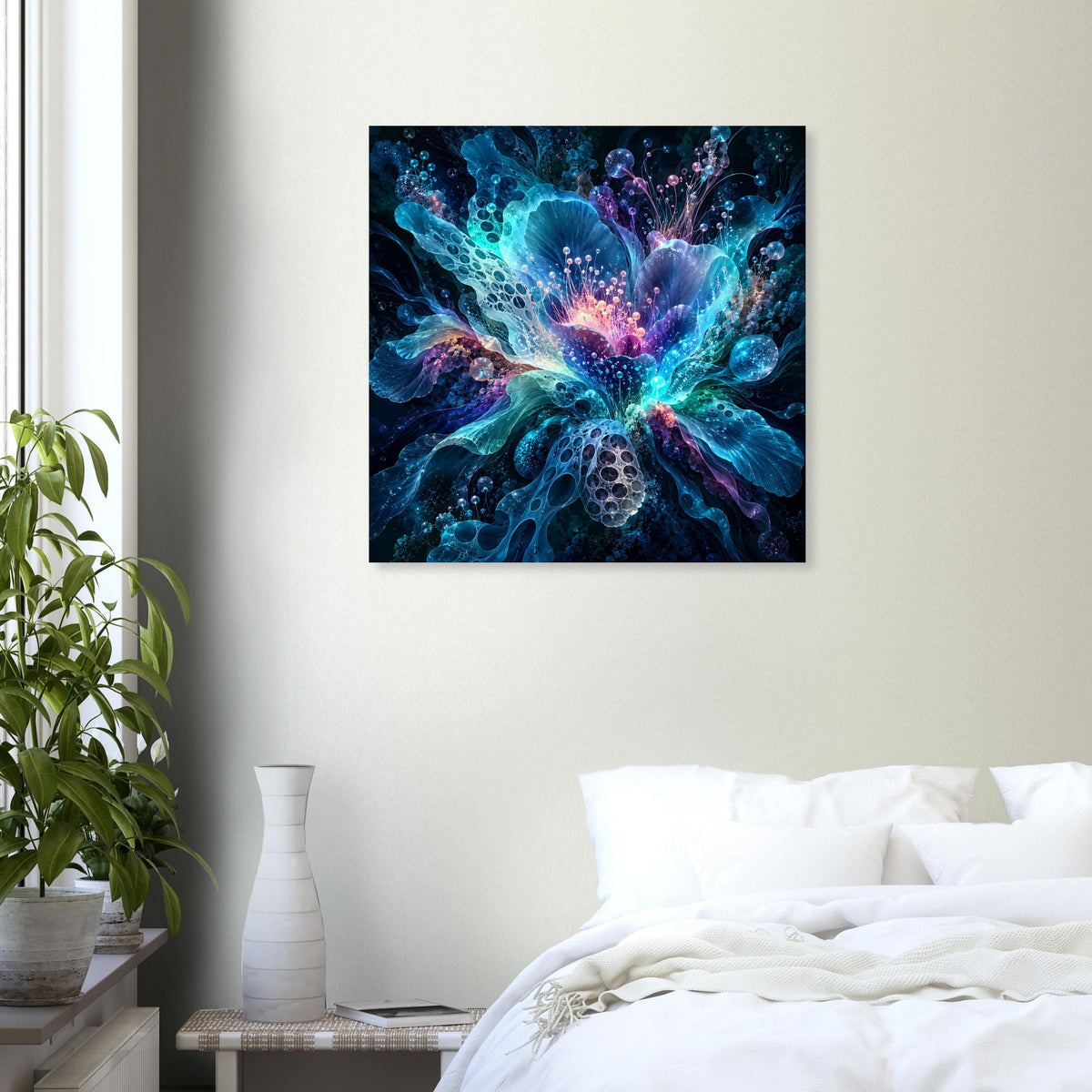 Leuchtendes Blumenposter mit abstrakten Blütenstrukturen in Blau- und Violetttönen