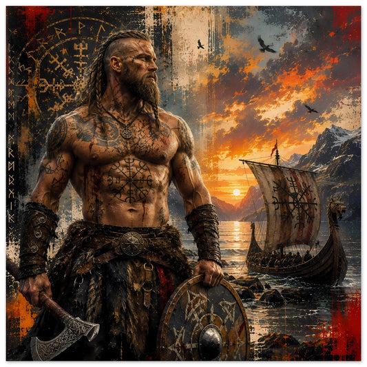 Poster mit Wikingerkrieger, Schild und Axt, vor Langschiff und Meer bei Sonnenuntergang