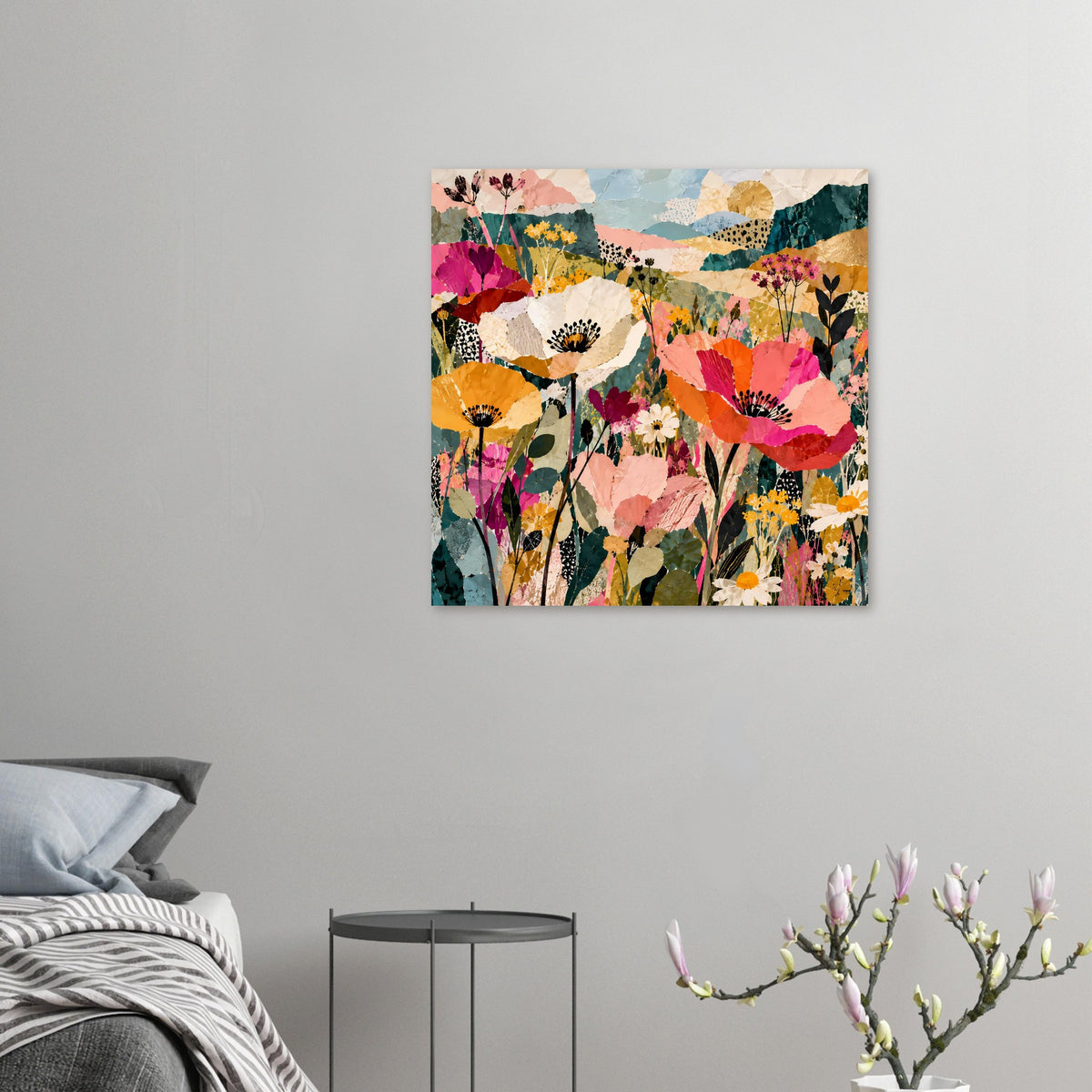 Blumen-Kollage-Poster, kleines Querformat mit bunten Blüten und stilisierten Stielen