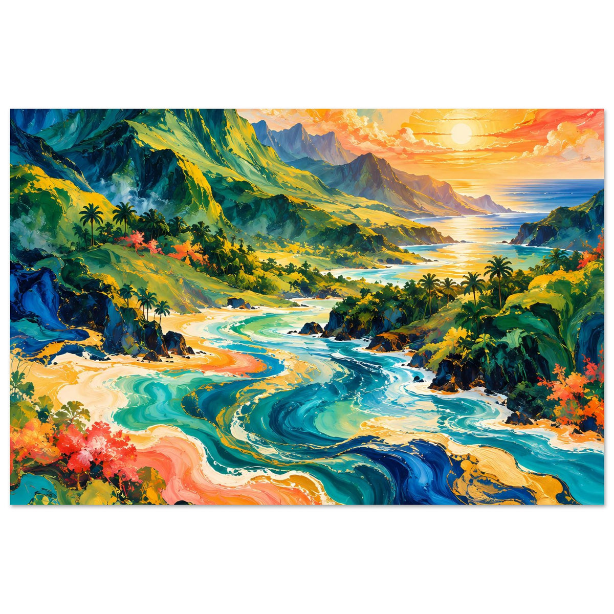 Horizontales Poster mit bunten Küstenwellen, Palmen, Bergen und Sonnenscheibe